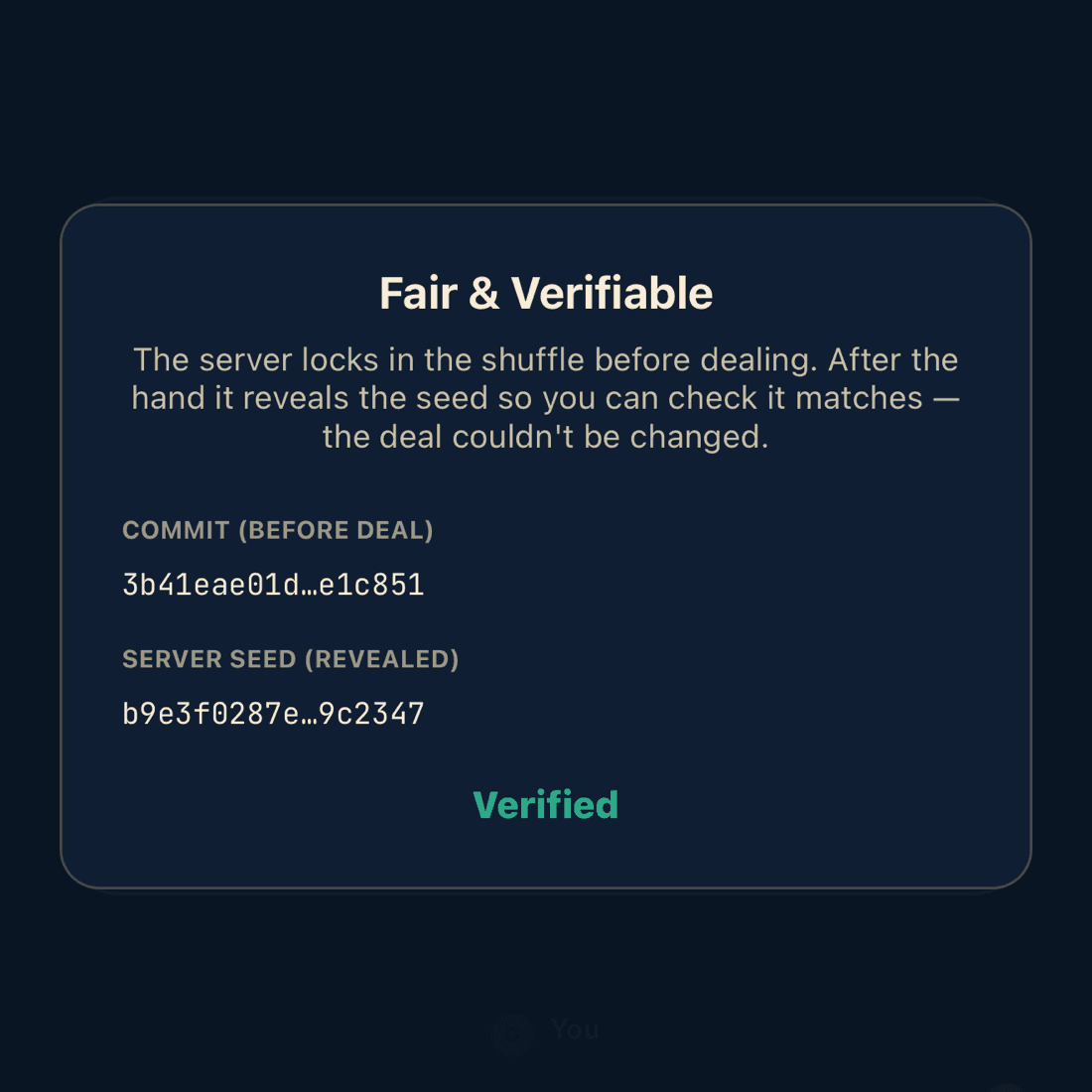 Koutchina's fair-deal sheet: the commitment before the deal, the server's revealed seed, and the "verified" mark