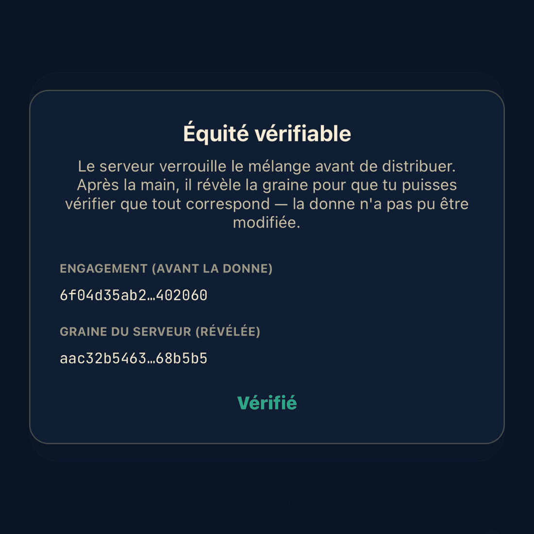 La fiche de donne équitable de Koutchina : l'engagement avant la donne, la graine révélée du serveur et la mention « vérifié »