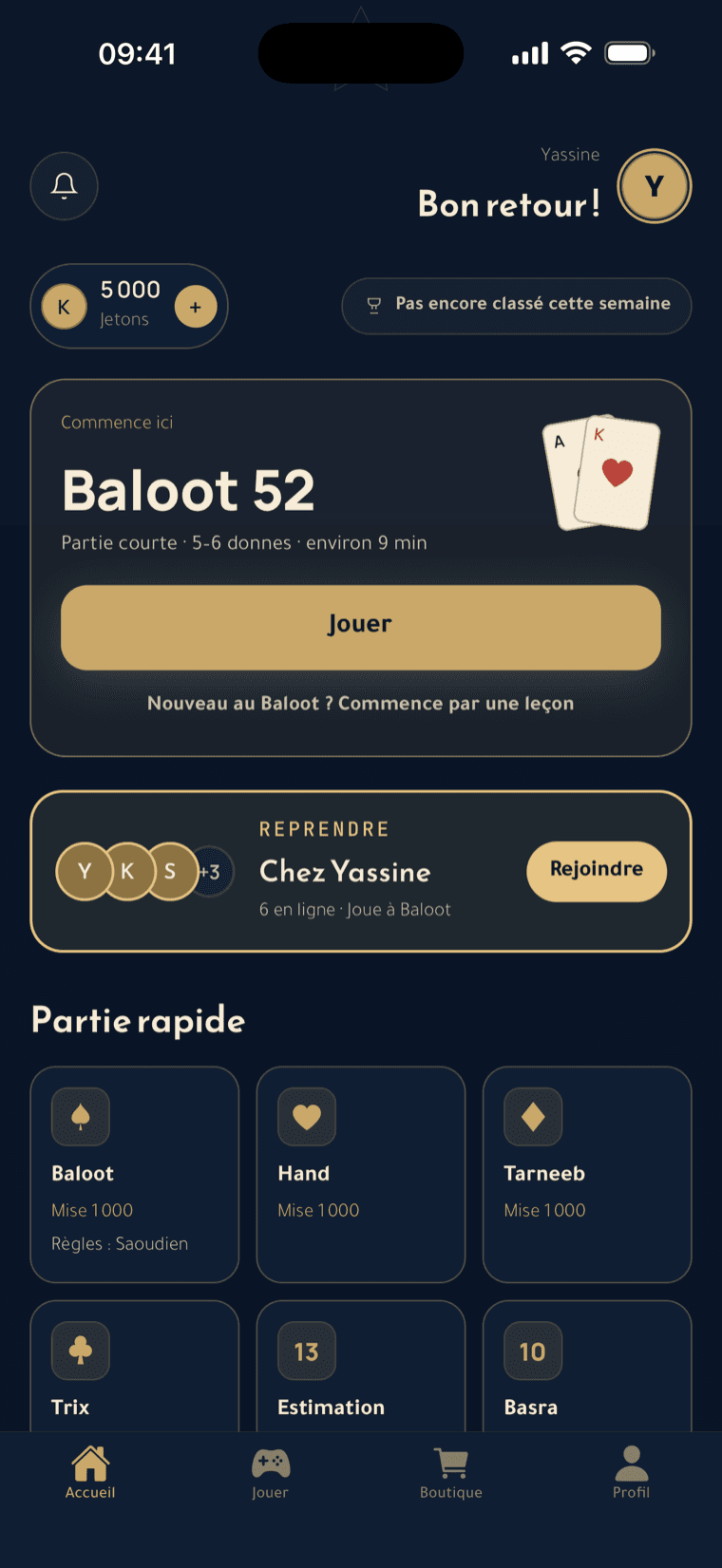Écran d'accueil de Koutchina : cadeau de bienvenue de 5 000 jetons, Baloot 52 en un geste, un diwan en direct, et les jeux Tarneeb, Hand et Trix
