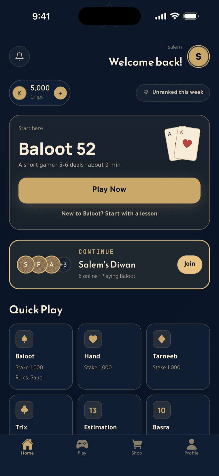 Koutchina home screen: a 5,000-chip welcome gift, Baloot 52 in one tap, a live diwan, and Tarneeb, Hand and Trix tiles